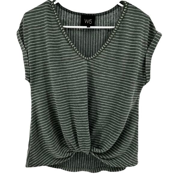 W5 Pinstriped T Shirt Drop Sleeve Twist Front Hem Pullover Casual Green Small - Picture 1 of 3